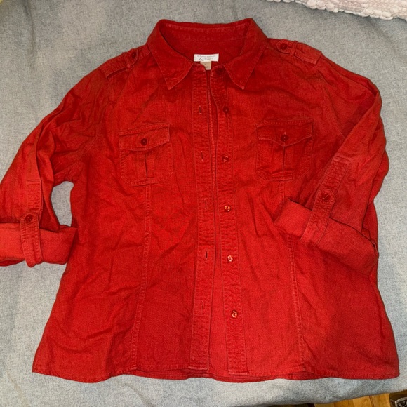 Linen Burnt Orange Fall Color Woman’s Rolled Sleeved Top - Picture 7 of 9